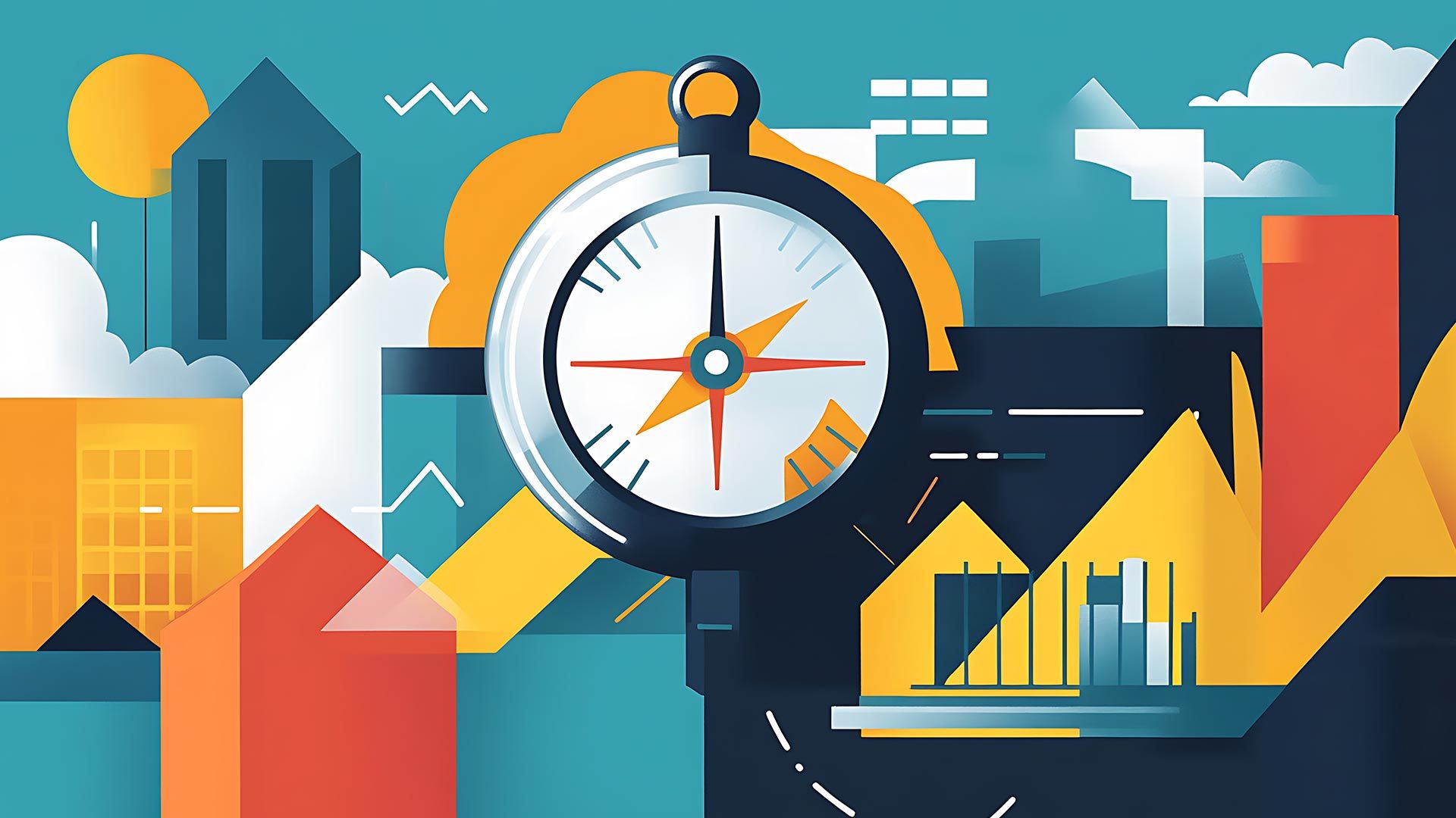 Abstract illustration of a compass in the center surrounded by geometric representations of buildings, graphs, and clouds in teal, yellow, orange, and dark blue tones.
